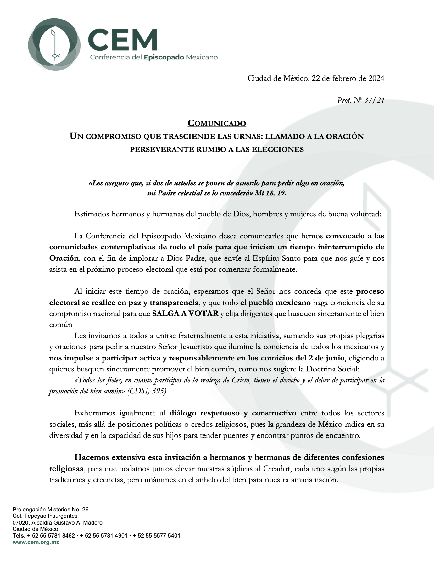 Desde la CEM. COMUNICADO. UN COMPROMISO QUE TRASCIENDE LAS URNAS: LLAMADO A LA ORACIÓN PERSEVERANTE RUMBO A LAS ELECCIONES.